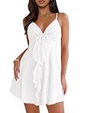 MIYIEONZ Women Sleeveless Sexy V Neck Summer Dress for Women Casual Flowy Beach Club Party Spaghetti Strap Mini Sundress Large White Short Dresses