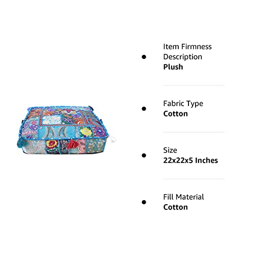 Craft Kala Large Square Mandala Patch Work Cotton Floor Pillow & Cushion Cover Meditation Boho Bohemian Cushion Pouf Cover Seating For Yoga Living Room Balcony Office Outdoor 22X22X5 Inches, Sky Blue #TOP2