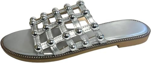 Image of House of Sehrish RGD353 PU Studded Caged Slider Sandals (Silver, UK Footwear Size System, Adult, Women, Numeric, Medium, 7)