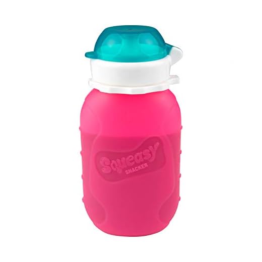 Pink 6 oz Squeasy Snacker Spill Proof Silicone Reusable Food Pouch - for Both Soft Foods and Liquids - Water, Apple Sauce, Yogurt, Smoothies, Baby Food - Dishwasher Safe