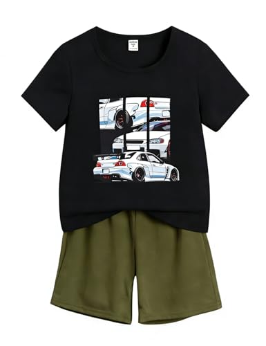 Image of OLMRJKD Boys 2 Piece Outfits Short Sleeve Colorblock T-shirt and Shorts Summer Casual Clothes for 6-12 Years