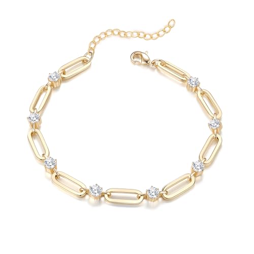 14K Gold Plated Bracelets for Women 7 Inches with 1.2 Inches Extender Paperclip Link Chain Bracelet Cubic Zirconia Jewelry Gifts Trendy for Women Men
