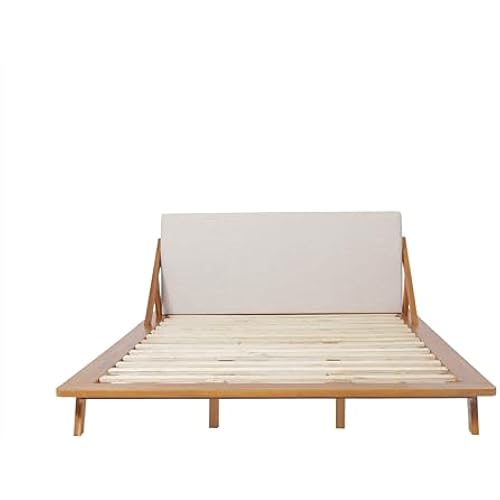 GDFStudio Fabric Upholstered Acacia Wood Bed, Natural Brown and Beige King