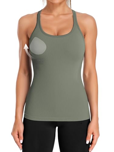 Image of ATTRACO Ribflex Ribbed Workout Tank Tops for Women with Built in Bra Racerback Scoop Neck Athletic Top