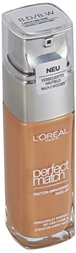 L'Oréal Paris Perfect Match 8.D/8.W Golden Cappuccino - Fondotinta liquido, si fonde perfettamente con il tono della pelle per una carnagione assolutamente naturale, 1 pezzo