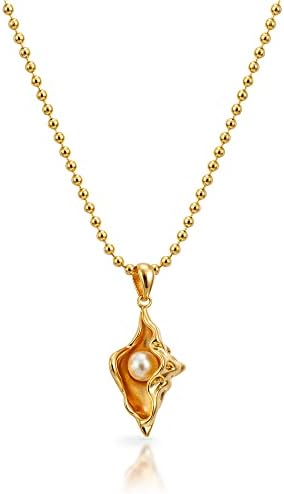 N9NEMUSES 18K Gold Plated Sterling Silver Round Freshwater Cultured Pearl Conch Ball Chain Pendant Necklace for Women