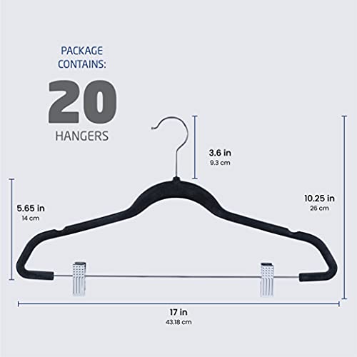 Zober Velvet Hangers With Clips - Pack Of 20 Metal Clip Hangers For Pants - Notched Black Velvet Skirt Hangers For Pants, Skirts, Suits, Dresses & Shirts W/ 360 Degree Hook - Non Slip Felt Hangers #TOP5