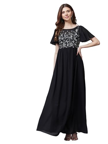 Image of Miss Chase Women's Round Neck Sleeve Embellished Fit Flare Maxi Dress