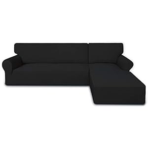 PureFit Super Stretch Sectional Couch Covers – 2 pcs Spandex Non Slip Sofa Covers with Elastic Bottom for L Shape Sectional Sofa Couch, Great for Kids & Pets (3 Seat Sofa + 3 Seat Chaise, Black)