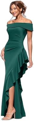 Xscape Women's Long Tech Scuba Off-the-Shoulder Ruffle Dress, Hunter, 6