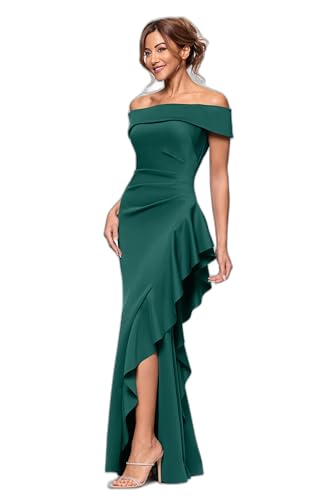 Xscape Women's Long Tech Scuba Off-the-Shoulder Ruffle Dress, Hunter, 6