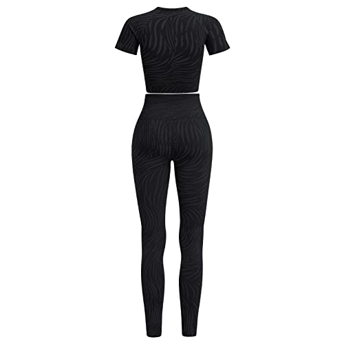 Iwemek Women Zebra Print Seamless Yoga Workout Sets Ruched High Waist Leggings Short Sleeve Crop Top 2 Piece Gym Sets Tracksuit Leggings Black Large #TOP2