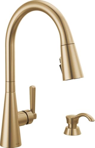 Delta Boyd Brushed Gold Kitchen Faucet with Pull Down Sprayer and Soap Dispenser, Modern Single Hole...