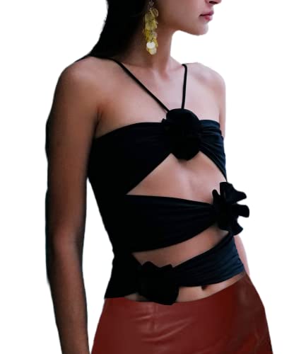 KMBANGI Floral Sexy Tank Top Women Y2k Ruffles Frill Halter Crop Tops Sleeveless Off Shoulder Backless Flower Tube Top