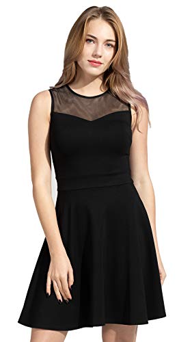 Image of Women's A-Line Pleated Sleeveless Little Cocktail Party Dress with Floral Lace