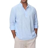 VANCOOG Mens Casual Cotton Linen Shirts Roll Up Sleeve Solid Plain Summer Beach Henley Light Blue L