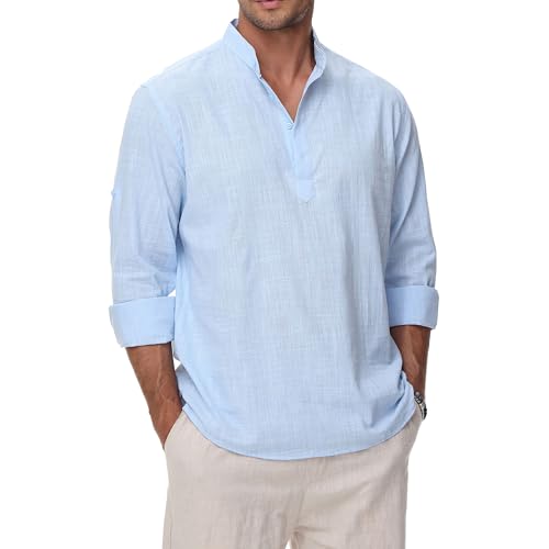 VANCOOG Mens Casual Cotton Linen Shirts Roll Up Sleeve Solid Plain Summer Beach Henley Light Blue XL