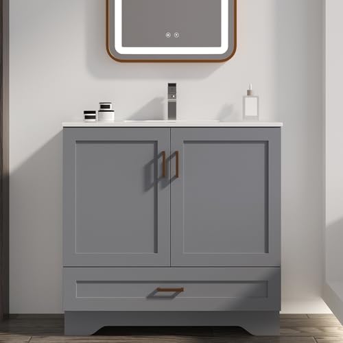 LDarqeer 36 inch Bathroom Vanity with Sink, Modern Grey Vanity for Bathroom with Undermount Ceramic Sink, Freestanding 2-Door & 1-Drawer Storage Cabinet, for Small Bathroom Space, (Grey, 36")