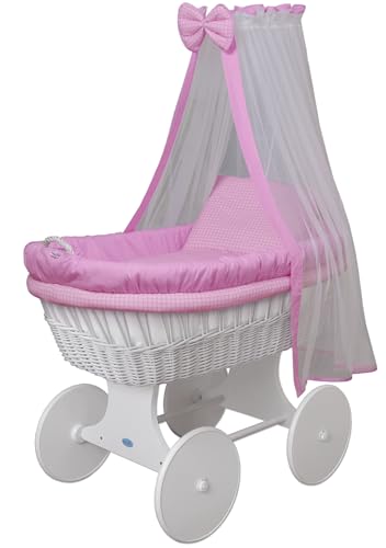 Waldin Stubenwagen-Set mit Ausstattung,XXL,Bollerwagen,komplett,18 Modelle wählbar,Gestell/Räder weiß lackiert,Stoffe rosa/kariert