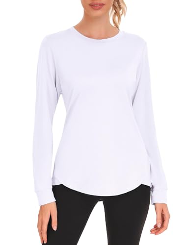 Pinspark Sportshirt Damen Langarm UPF 50+ Sonnenschutz Sport T-Shirt UV Schutz Shirt Schnelltrocknend Laufshirt Rundhals Yoga Top Langarmshirt Fitness Rashguard Weiß L