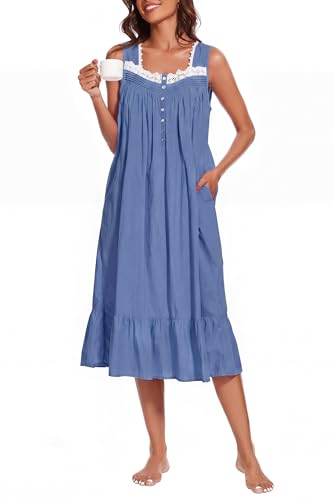 Image of AVIIER 100% Cotton Nightgowns for Women Sleeveless Sleep Dress Ladies Gowns Sleepwear with Pockets