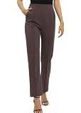 EXCHIC Damen Business Büro Gerades Bein Arbeits Hosen Freizeit Elastische Taille Hosen mit Taschen(S, Braun)