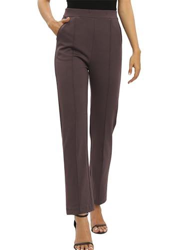 EXCHIC Damen Business Büro Gerades Bein Arbeits Hosen Freizeit Elastische Taille Hosen mit Taschen(S, Braun)