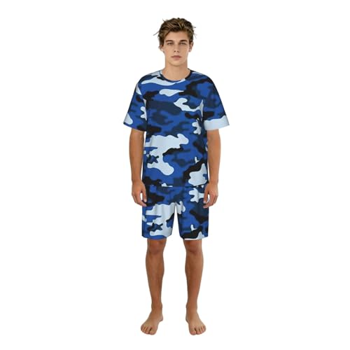 Pijama de camuflaje azul de dos piezas de ropa de dormir suave con pantalones cortos
