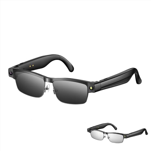 AI translation smart glasses with Bluetooth audio, featuring a sleek black design and interchangeable lenses for versatile use.