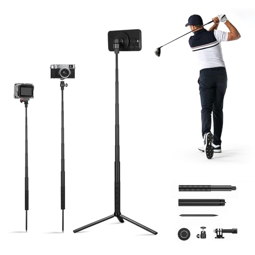 CAMOLOGEEK Monopod and Tripod Selfie Stick to Record Golf Swing Training Aid with Ground Spike Stake & Adapter For Gopro & 1/4 Screw, Magnetic Golf Phone Holder Compatible with Magsafe iPhone