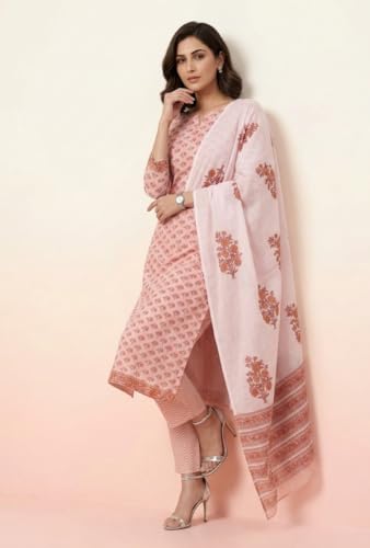 Image of Eddika women unstitched hand block printed cotton suit set with mulmul dupatta ehbpcswmd0120P
