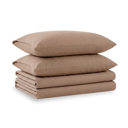 Image of Tribeca Living Triple Brushed Soft Cotton Flannel Sheets Set, Full Size 170-GSM Weight Extra Deep Pocket Sheet in Solid Cashmere Color