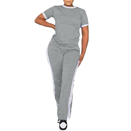 PINSV Women's 2 Piece Outfits Short Sleeve Tops Sweatpants Colorblock Bodycon Lounge Sets Tracksuit