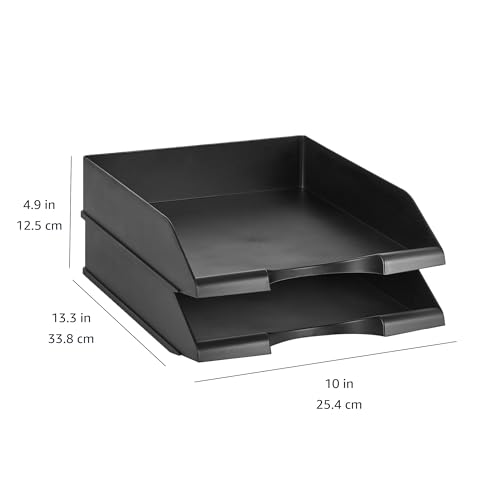 Amazon Basics Rechteckig stapelbar Schreibtischa Briefablage, Schwarz, 2 Stück, Buchstabengröße, 33.8 x 25.4 x 6.4 cm