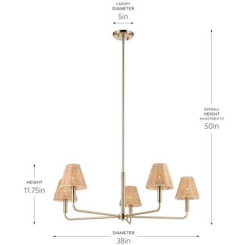 KICHLER Bekah 5-Light Chandelier, Global Boho Light with Handwoven Rattan Shade in Champagne Bronze, Sloped Ceiling Compatible, for Dining or Living Room (11.75\" x 38\"), 52731CPZ