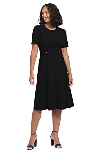 London Times Women's Knit Eyelet Short Sleeve Crepe Inset Waist Midi with Button Detail