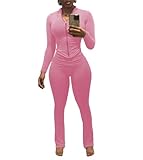 Nimsruc Two Piece Outfits For Women Workout Set Long Sleeve Tracksuit Zip Up Sweatsuits Bodcyon Matching Sweat Pants Sets Pink L