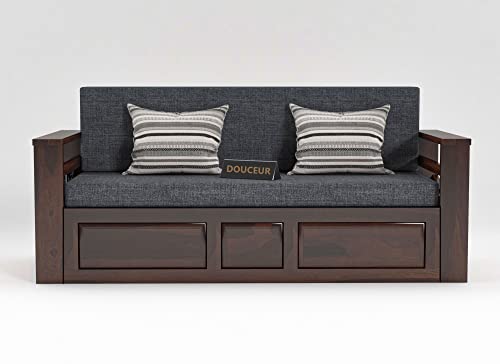 Image of Douceur Furnitures Solid Sheesham Wooden Sofa Cum Bed Queen Size with Storage for Living Room | Wooden Foldable 3 Seater Sofa Cum Bed with Headboard Folding Double Bed for Home Bedroom (Walnut)