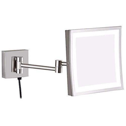 KCDFKMWMZ Espejos de tocador montados en la Pared, latón de un Solo Lado de 8,5 Pulgadas Iluminado 3X Aumento de Maquillaje Afeitado Plegable con Interruptor Enchufe eléctrico(Nickel)