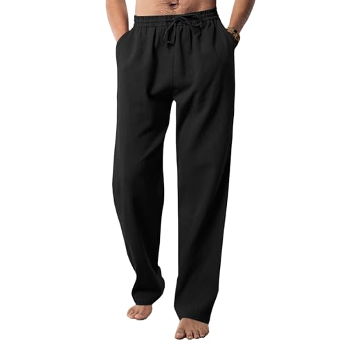 Mens Loose Linen Wide Leg Pants Summer Casual Drawstring Elastic Waist Plus Size Beach Vacation Trousers