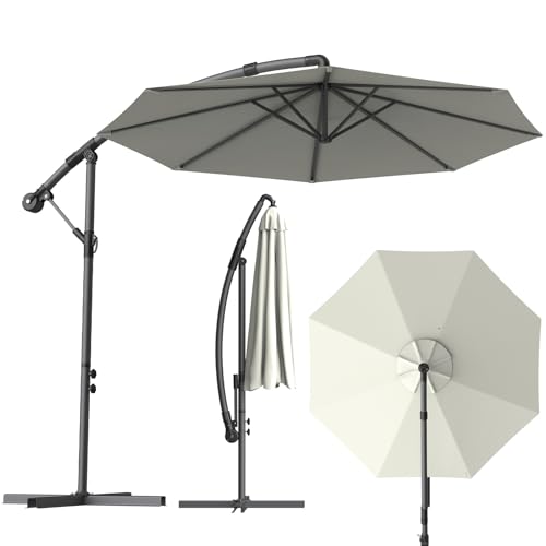 WoRaum Parasol à Manivelle avec Pied Croix Inclus – Parasol de Balcon & Jardin Extérieur, 8 Baleines, Ouverture de Toit, 180g Polyester (3m, Rond, Beige)