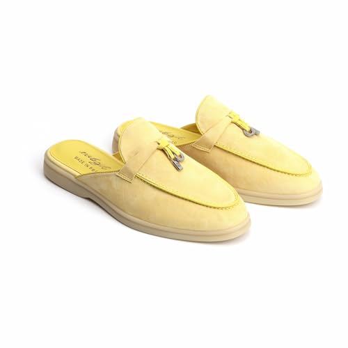 Image of XOBZJH Designer Women's Mules Flat Heel - Suede Leather Flats with Tassel Detail, Comfortable Slip-On Backless Loafers,Casual & Work Shoes