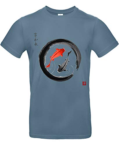 Smilo & Bron Herren T-Shirt mit Motiv Koi Karpfen im Zen-Kreis Bedruckt Blau Stone Blue 3XL