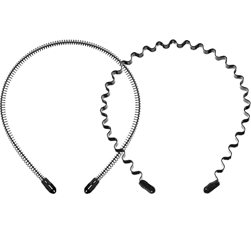 2 Pack Metal Headbands Wavy Hairband Spring Hair Hoop Black Unisex Men Women Slicked Back Headband Elastic Non Slip Outdoor Sports Fashion Yoga (Small Spring, Waved)
