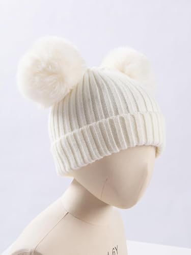 Boys Girls Knitted Beanie Hat Winter Detachable Faux Fur Double Pom Pom Knitting Beanie Warm Knit Skull Winter Cap3