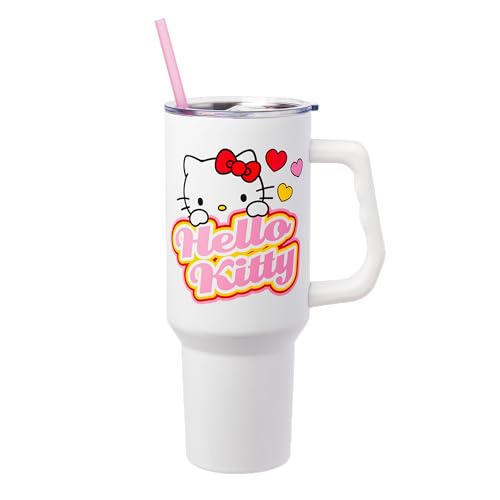 Silver Buffalo Sanrio Hello Kitty Name and Hearts Double Walled Stainless Steel Tumbler with Handle and Straw, Fits in Standard Cup Holder, 40 Ounces