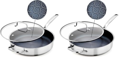 Image of Blue Diamond Hybrid Nonstick Stainless Steel 4QT Saute Pan with Glass Lid, PFAS-Free Ceramic Diamond Bond, Deep Jumbo Skillet, Induction Ready, Dishwasher & Metal Utensil Safe, Stay-Cool Handle