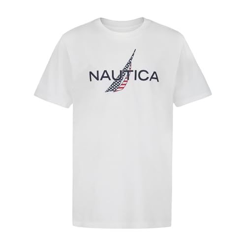 Nautica Boys' Short Sleeve J-Class Logo Crew Neck T-Shirt, Soft, Comfortable, Relaxed Fit, Americana Bright White, 8