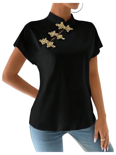 MakeMeChic Women's Chinese Shirts Summer Cheongsam Tops Mock Neck Buckle Short Sleeve Blouse Black Large