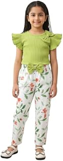 Girls Ribbed Green Ruffle Sleeve Top with Floral Printed Pants Outfit Set – Stylish Casual Summer Clothes for Kids Price In India